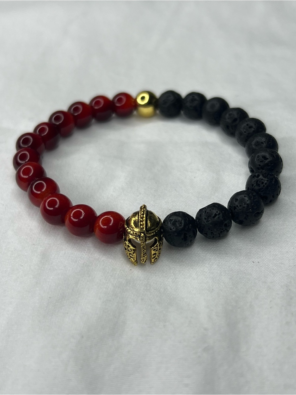 Red tiger eye and Black lava Beaded Bracelet with Gold Spartan Charm
